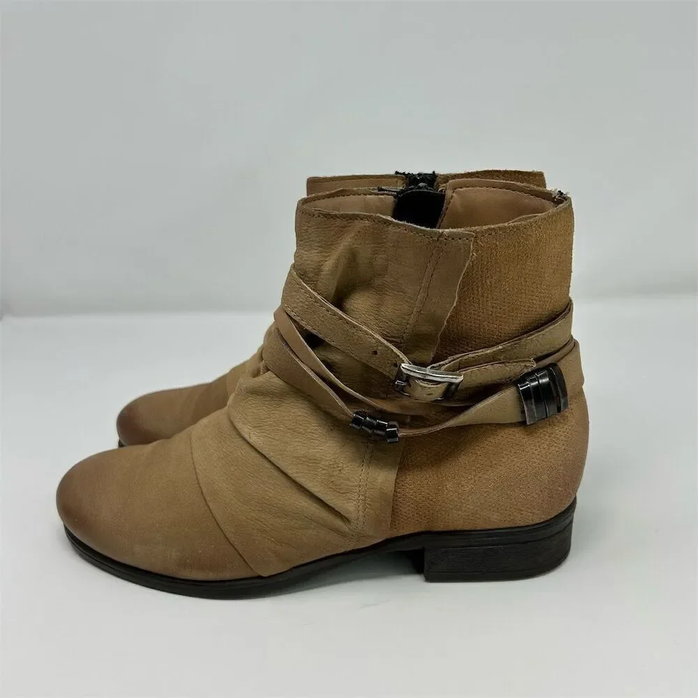 Miz Mooz Beige Leather Ankle Boots Size 39 (US 8.5-9) Strappy Buckle Ruched
